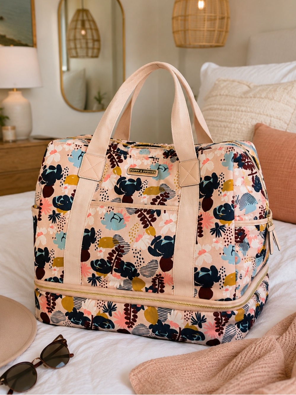 Poppy & Peonies Voyager Weekender Travel Duffel Bag Pink Tropical Floral Print